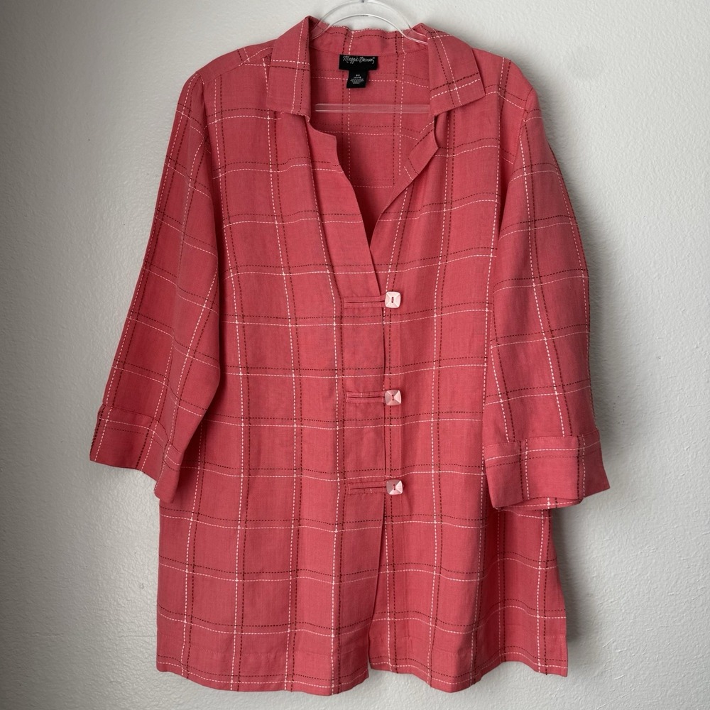 Maggie‎ Barnes Womens Linen Button Up Tunic Top 0X Pink  Coral Plaid 3/4 Sleeve